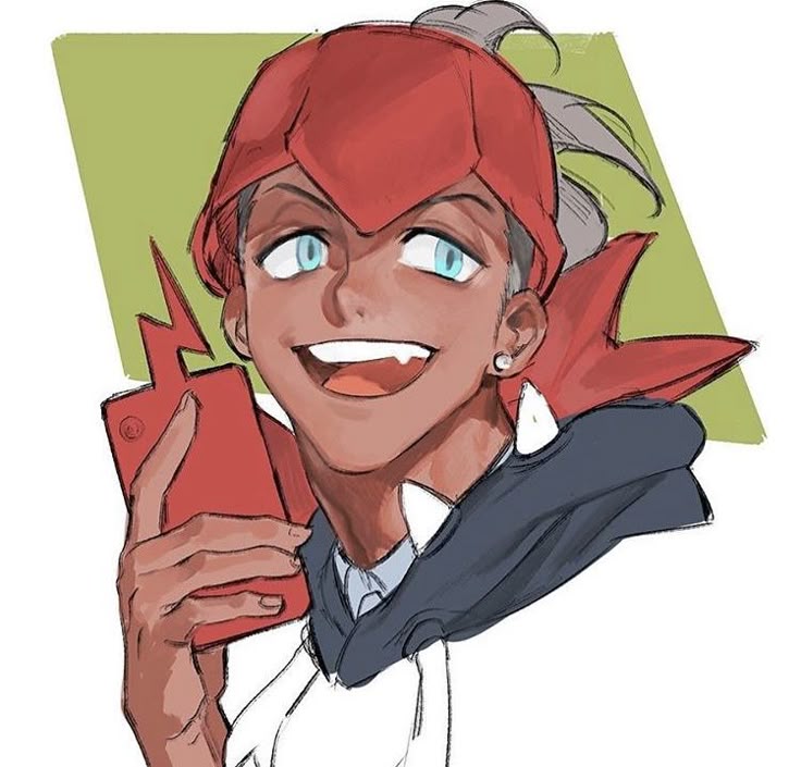 the image shows a cartoonstyle illustration of iono, a gym leader from pokémon, holding a red smartphone. she has red hair, light blue eyes, and is smiling. she wears a dark gray hoodie with white spikes on the hood and a red headpiece. the background is a light green square.
