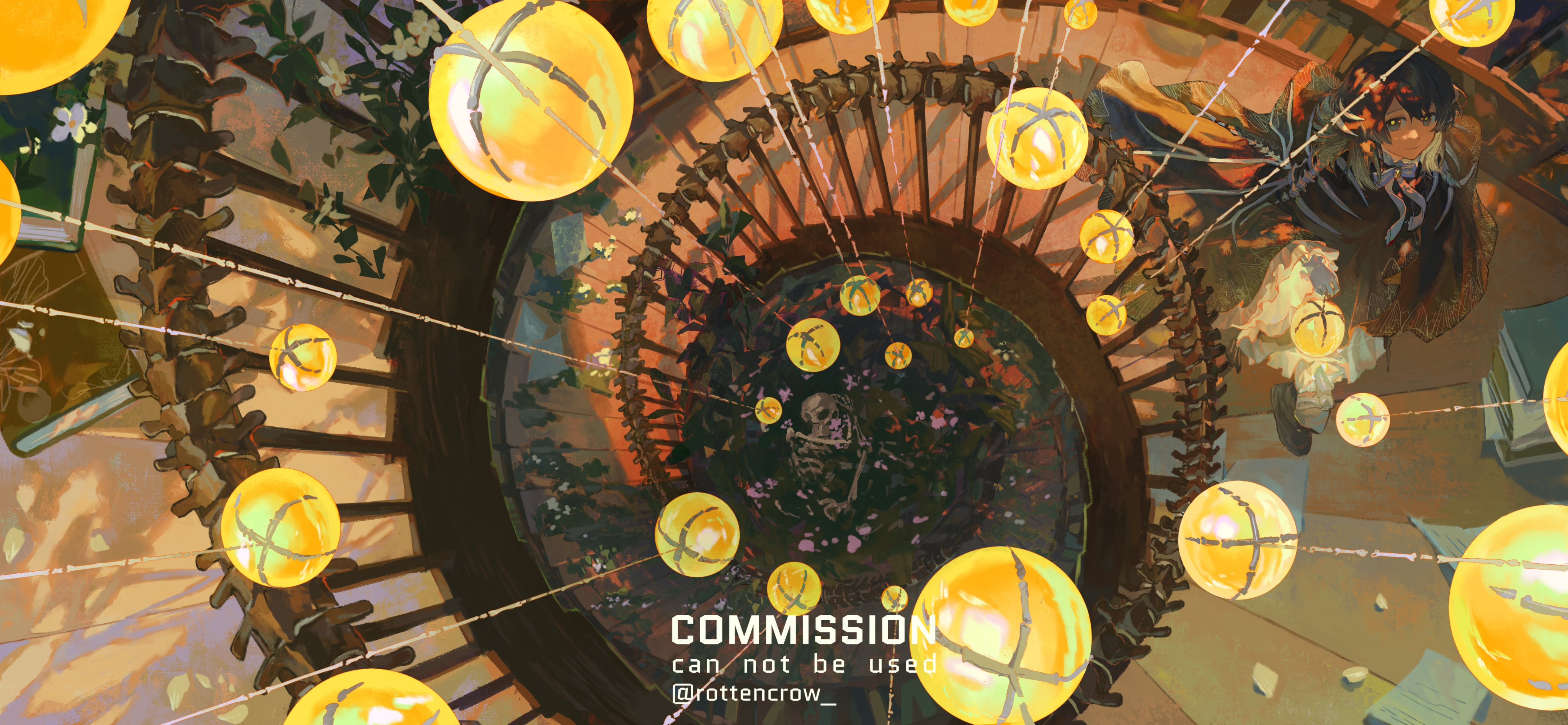 an anime girl in a long dark brown dress with a white petticoat, adorned with an intricate blue ribbon, stands at the top of a spiraling staircase. the girl's gaze is fixed on something just beyond the viewer's sight. the ceiling is illuminated by numerous hanging yellow lights, creating a mesmerizing and ethereal atmosphere. the artist's style is characterized by loose, flowing lines and vibrant colors, giving the piece a dreamlike quality. the artwork is a beautiful and evocative depiction of a young girl standing at a threshold, her expression hinting at a sense of wonder and curiosity.