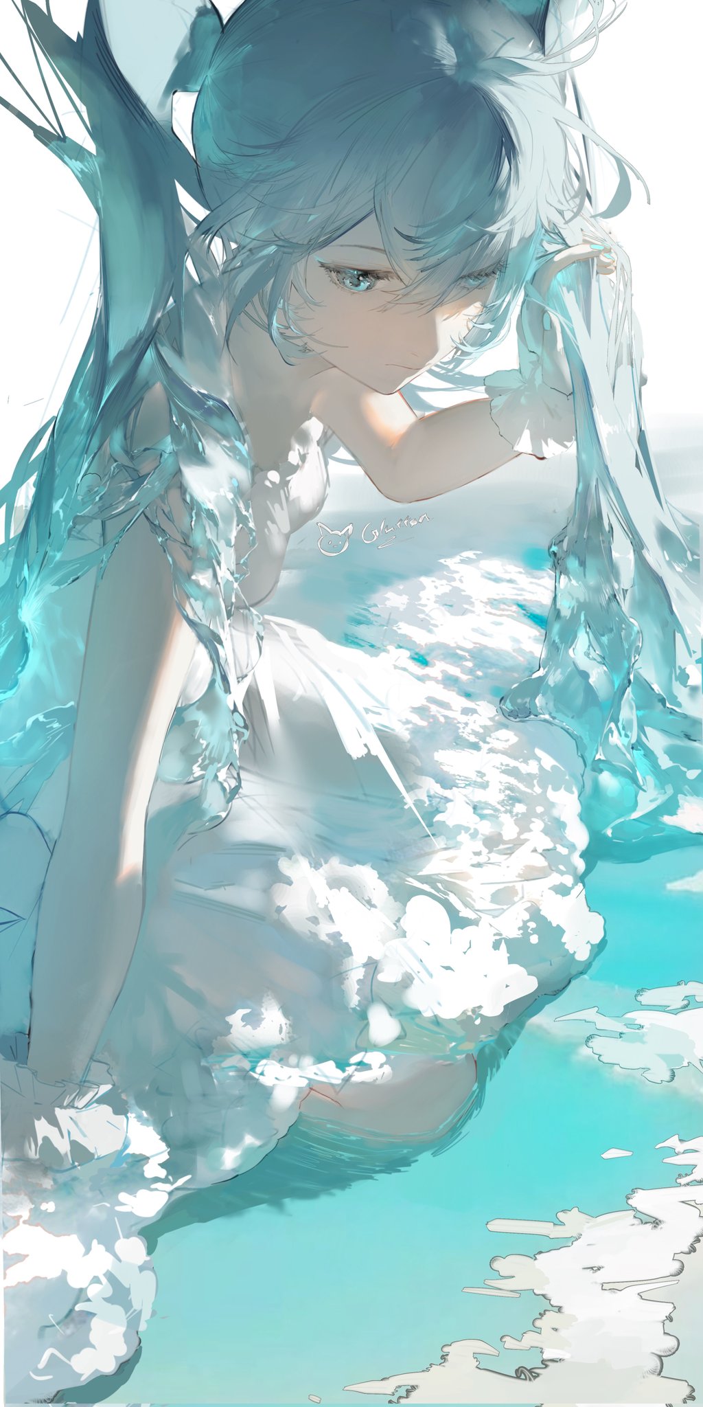 he image is a digital painting of an animestyle girl with long, flowing blue hair. she is wearing a white dress that appears to be made of or merging with water.  she is surrounded by water, which flows around her and appears to be part of her attire or even her form.  the overall style is ethereal and dreamy, with soft colors and a focus on the fluidity of the water. the girl's expression is serene and peaceful. the background is a soft aqua color, with hints of white clouds or foam on the water's surface. the piece has a magical or mystical feel to it, suggesting a fantasy setting. the artist has skilfully blended the water and the girl, creating a harmonious and captivating image.