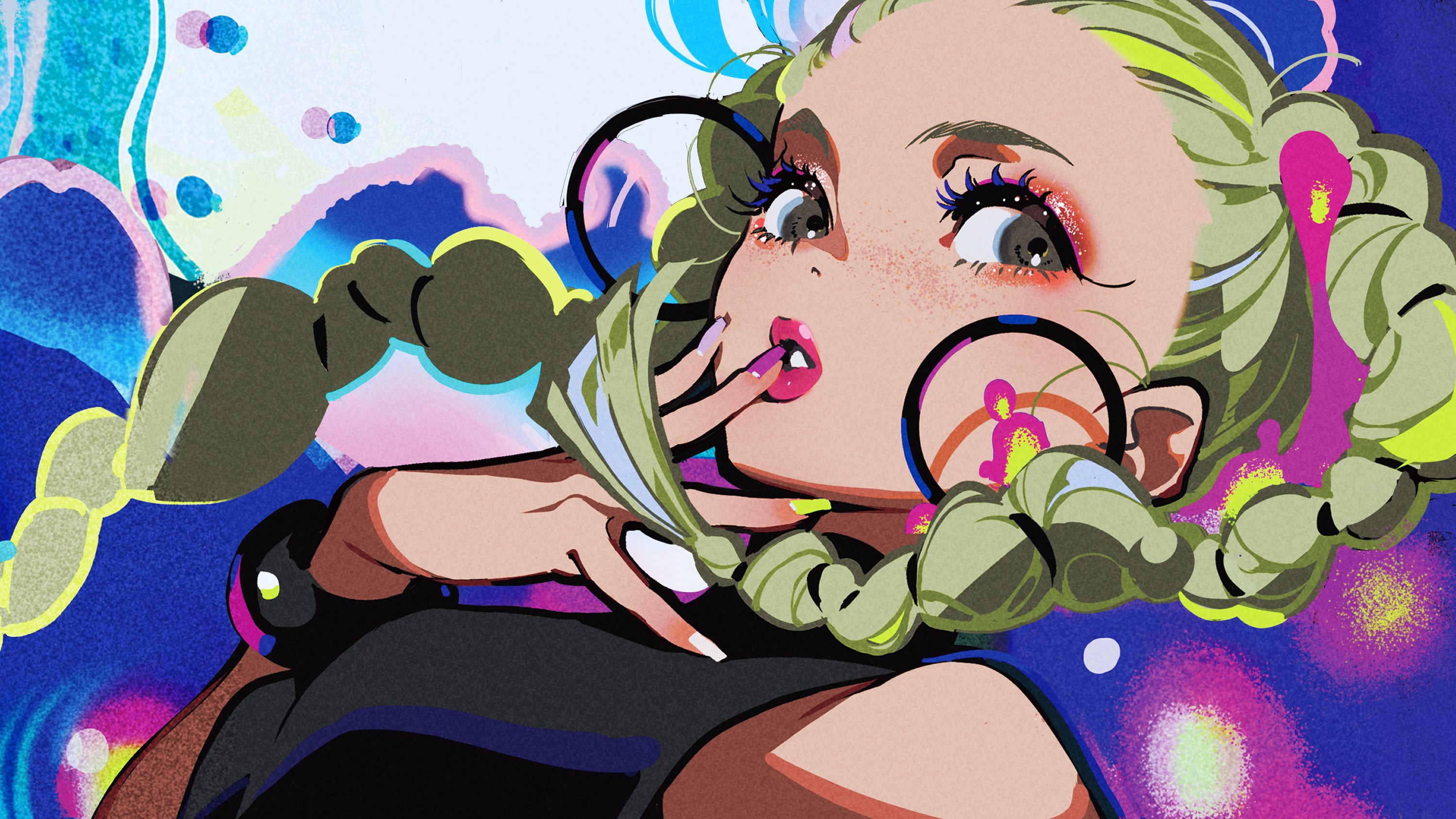 this is a digital painting of a woman with bright green hair and a colorful outfit. she has big eyes and a large smile. the background is a mix of colorful abstract shapes and patterns. the artwork is created in a vibrant, cartoonish style.