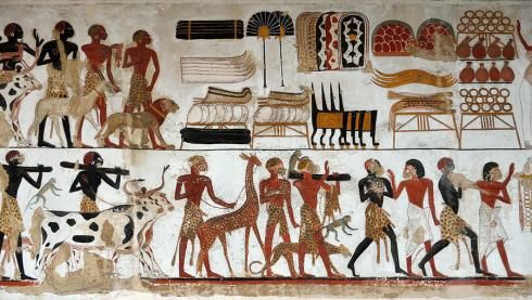 the image is a painting from an ancient egyptian tomb. it depicts a scene of daily life, with men engaged in various activities such as farming, hunting, and fishing.  there are animals like cows, goats, leopards, and giraffes. the image provides insights into ancient egyptian culture, their practices, and beliefs.