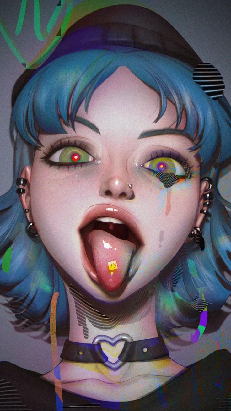 this is a digital illustration of a young woman with blue hair. she is wearing a choker with a heart design, and has numerous piercings. her mouth is wide open, and her tongue is sticking out. there are colorful, pixelated designs overlaying the background and the woman.  the style of this illustration is very abstract and stylized.