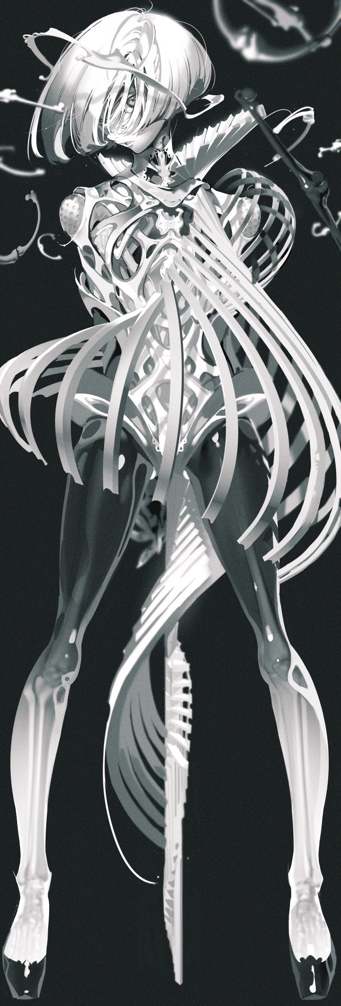 the image showcases a stylized, skeletal, and almost biomechanical female figure against a dark, abstract background. the figure's anatomy is both beautiful and unsettling, with elongated limbs and riblike structures that flow and twist around her body, resembling a flowing gown or perhaps even wings. her head is tilted back slightly, suggesting a pose of either agony or ecstasy. the highcontrast lighting and grayscale palette accentuate the figure's intricate details and add to the overall sense of mystery and otherworldliness.