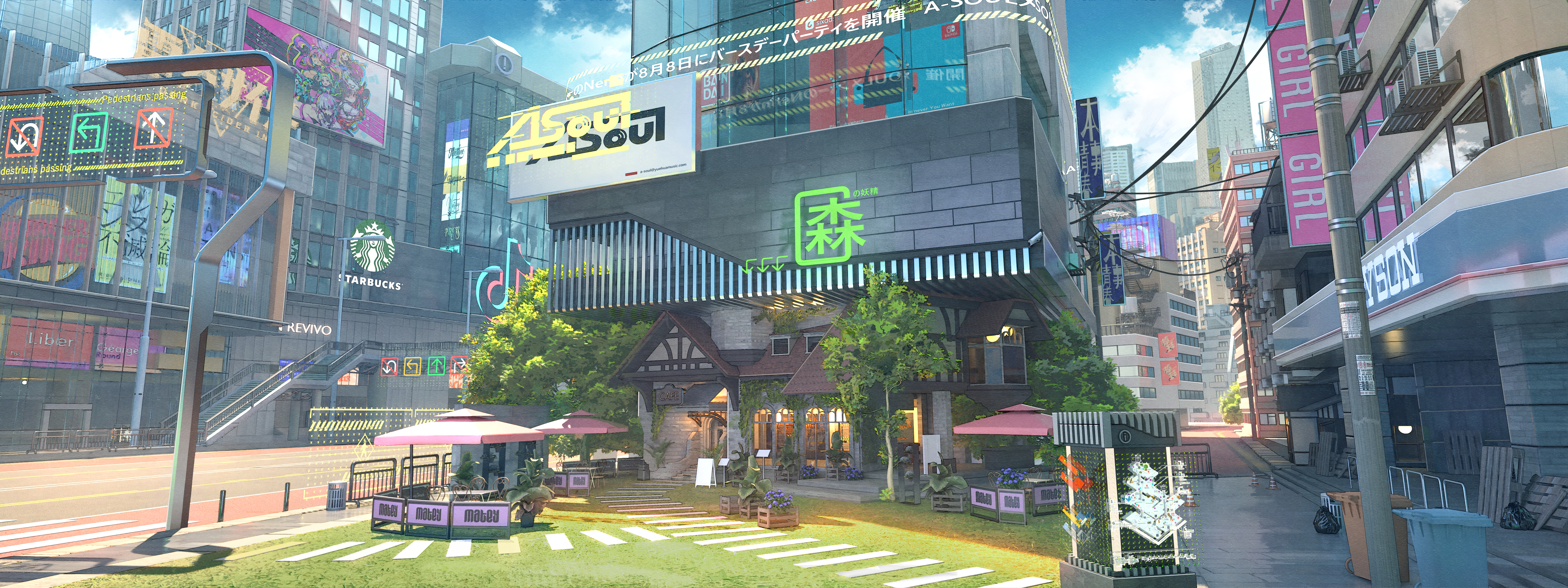 the image depicts a bustling urban cityscape with a blend of modern and traditional elements. tall buildings dominate the skyline, adorned with various advertisements, signage, and neon displays, including prominent starbucks and tiktok logos. a unique traditionalstyle building with a tudorlike facade is nestled among the skyscrapers, surrounded by greenery and outdoor seating areas with awnings, creating a cozy restaurant setting. the streetscape features pedestrian walkways, lawns with paving stones, street lights, utility poles, and trash cans. japanese text is visible on some of the signs, adding to the city's international flavor.