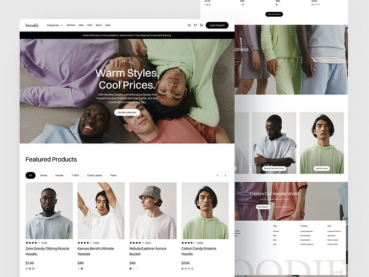the image is a screenshot of an online fashion store website. the website features a variety of hoodies for men and women, with a focus on comfortable and trendy styles. the website's layout is modern and easy to navigate, with clear product descriptions and images. the featured products section showcases a variety of hoodies, with options for different styles and prices. the website also features a "hoodie collection" section, where users can browse through a curated selection of hoodies. the overall tone of the website is inviting and stylish, encouraging users to browse and shop for their new favorite hoodie.