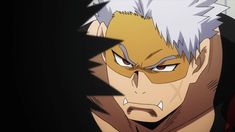 this is a close up illustration of an angry anime man with sharp teeth, yellow eyes, and grey hair. he has an orange mask around his eyes. he is wearing a brown shirt. the background is black.