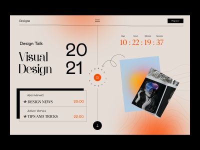 this is a webpage for a design event. it is called "visual design 2021" and features design news, tips and tricks, and a schedule of events with speakers ryon herwitz and asloon vetrovs.