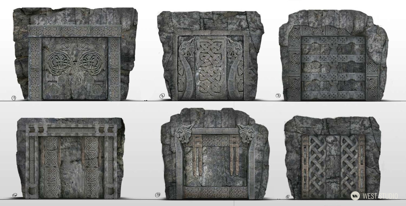 the image showcases six distinct concept art sketches of ancient stone doorways. each design features intricate carvings, potentially inspired by celtic or norse art styles, adding a sense of history and mystery. the doorways are depicted as if carved directly from large stone blocks, further emphasizing their age and imposing nature.