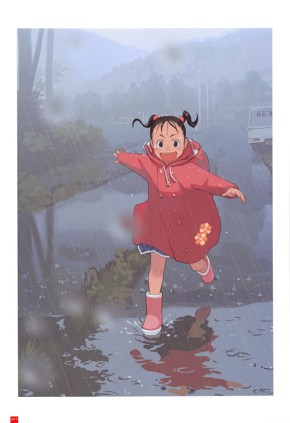 a drawing of a young girl in a red raincoat and rainboots happily splashing in a puddle. the background depicts a rainy day with a bus in the distance.