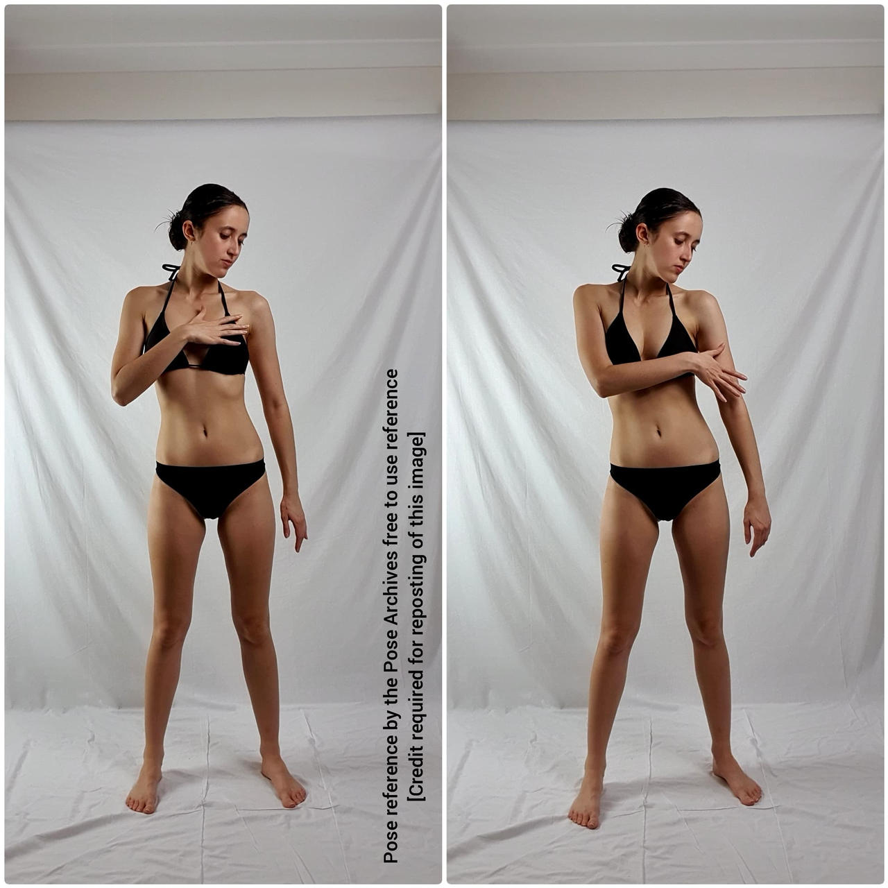 two poses of the same caucasian woman in a black bikini. the image was taken indoors with soft lighting. the background is a white sheet and the floor is offwhite. the woman is standing in both poses.  the image is a reference photo for artists.```