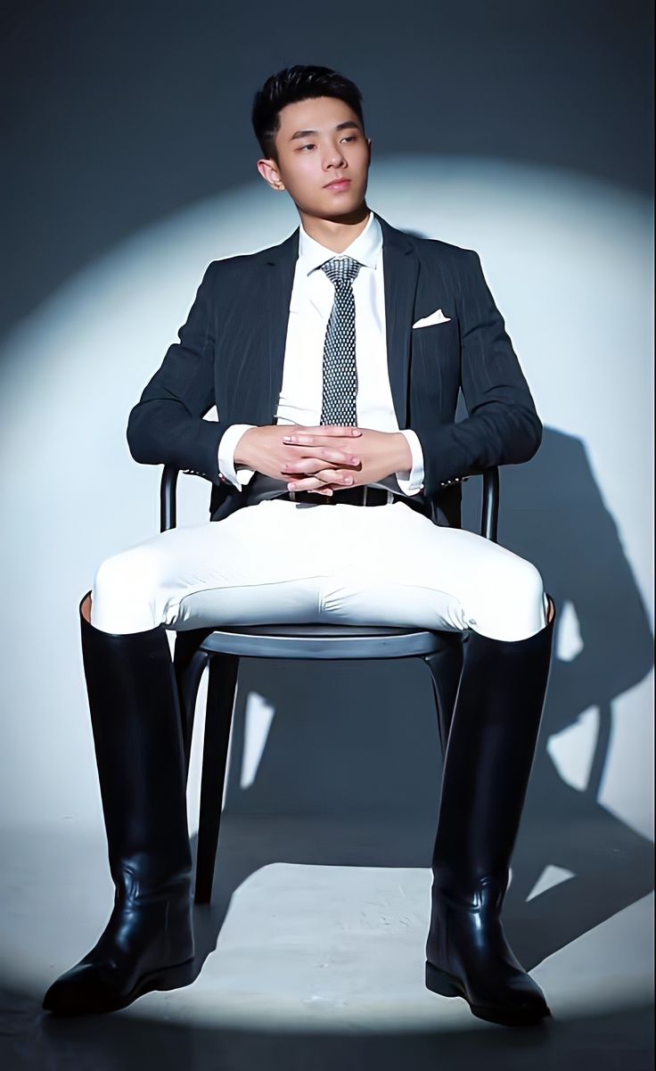 a handsome man in a suit, white shirt, and tie sits in a chair. he is wearing black riding boots and is posing for a photo shoot. the background is a gray studio wall with a spotlight shining on him.