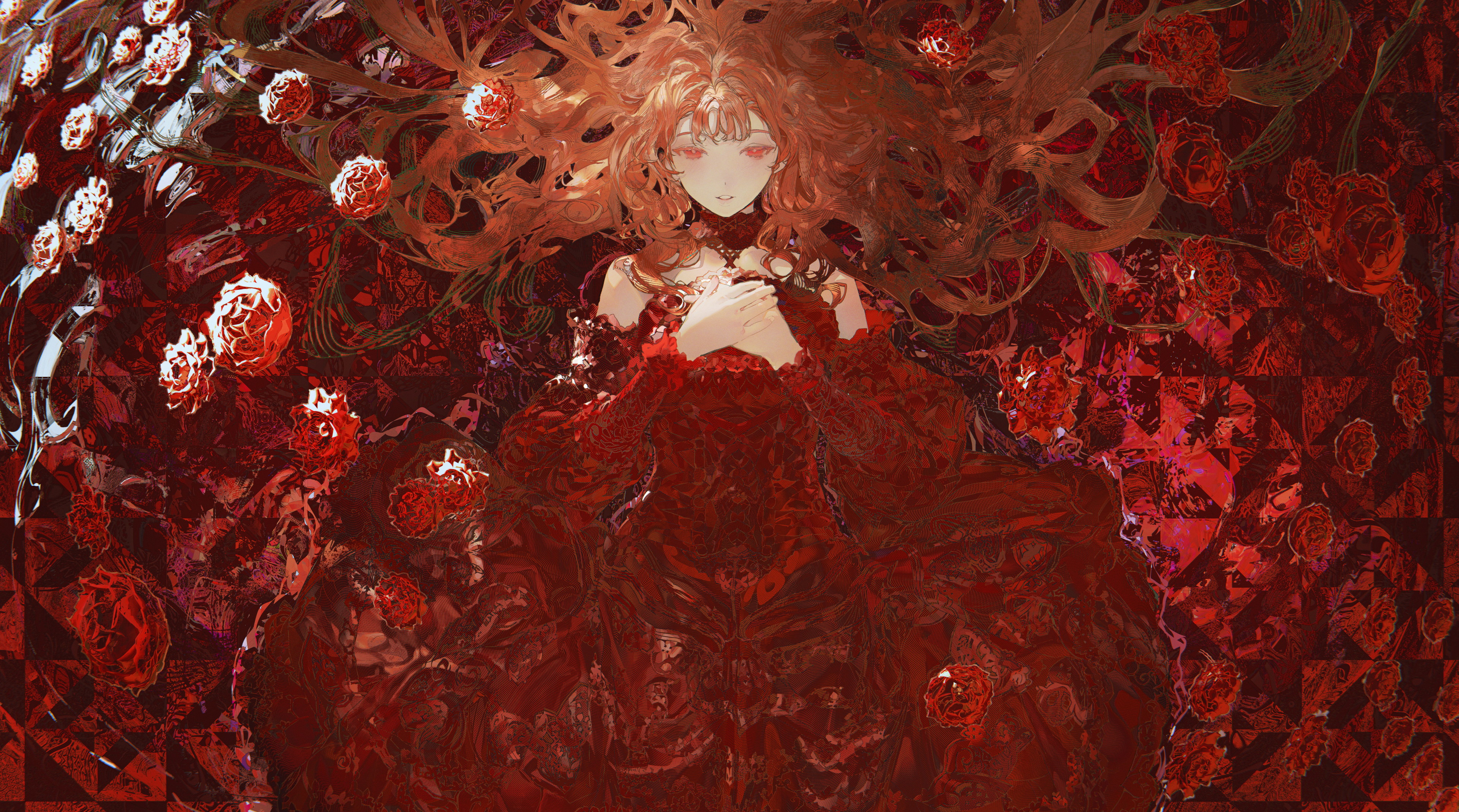 the image is a digital painting or illustration depicting a young animestyle woman with long, flowing red hair. she is lying down and wearing a long, elegant red gown adorned with intricate details that seem to blend with the surrounding environment.  she has her hands clasped together on her chest. the background is a complex mixture of red roses, dark tones, and an abstract geometric pattern creating a deeply saturated and visually rich scene. the overall mood is serene, yet with a touch of mystery and fantasy. the style is highly stylized and artistic, with a focus on texture and color. the girl's expression is calm and peaceful with her eyes closed.