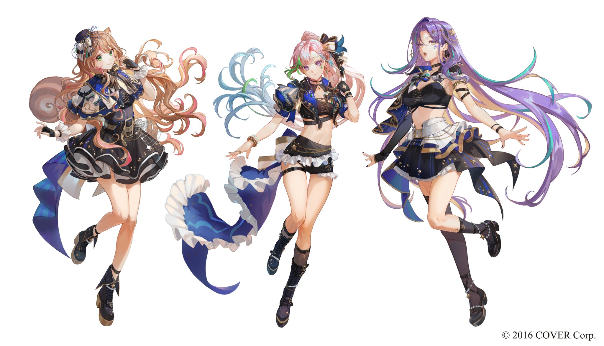 the image shows three anime girls with different colored hair and costumes. they're all standing in a dynamic pose, looking like they're performing. the girl on the left has brown hair, a blue and black dress, and a white skirt. the girl in the middle has pink hair and a blue and black dress with a white skirt. the girl on the right has purple hair and a blue and black dress with a white skirt. they all have stars on their outfits and black boots. the girls appear to be singing and smiling with closed eyes. the image is drawn in a cute and kawaii style with bright and vibrant colors.