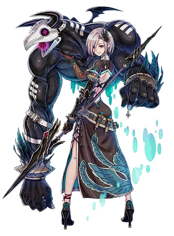 a young woman with short silver hair and red eyes stands in front of a large black demon. the woman is dressed in a revealing black dress with blue and gold accents. she is armed with a long spear. the demon is massive, with horns, sharp teeth, and glowing red eyes. it has a white skulllike mask covering its face. the two figures are posed together against a white background.