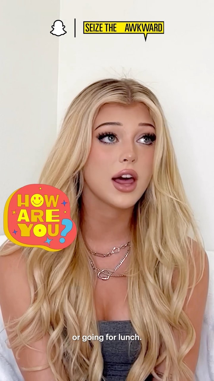 a photo of loren gray is seen on snapchat, with blonde hair, makeup, and jewelry. a snapchat filter with the text "how are you?" is displayed on the left side. the text "or going for lunch" is written on the bottom. the snapchat logo and the text "seize the awkward" are seen on the top.