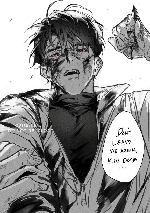 a monochrome illustration of a young man with his head down, crying with his hand holding a knife. he is wearing a dark jacket with a black turtleneck underneath. he has dark hair and a distressed face with scars. the background is white, with a text bubble saying "don't leave me again, kim dokja..." the image is drawn in a clean and simple style, with strong lines and contrasts. it conveys a strong sense of sadness and pain, and the man's plea to the unknown.