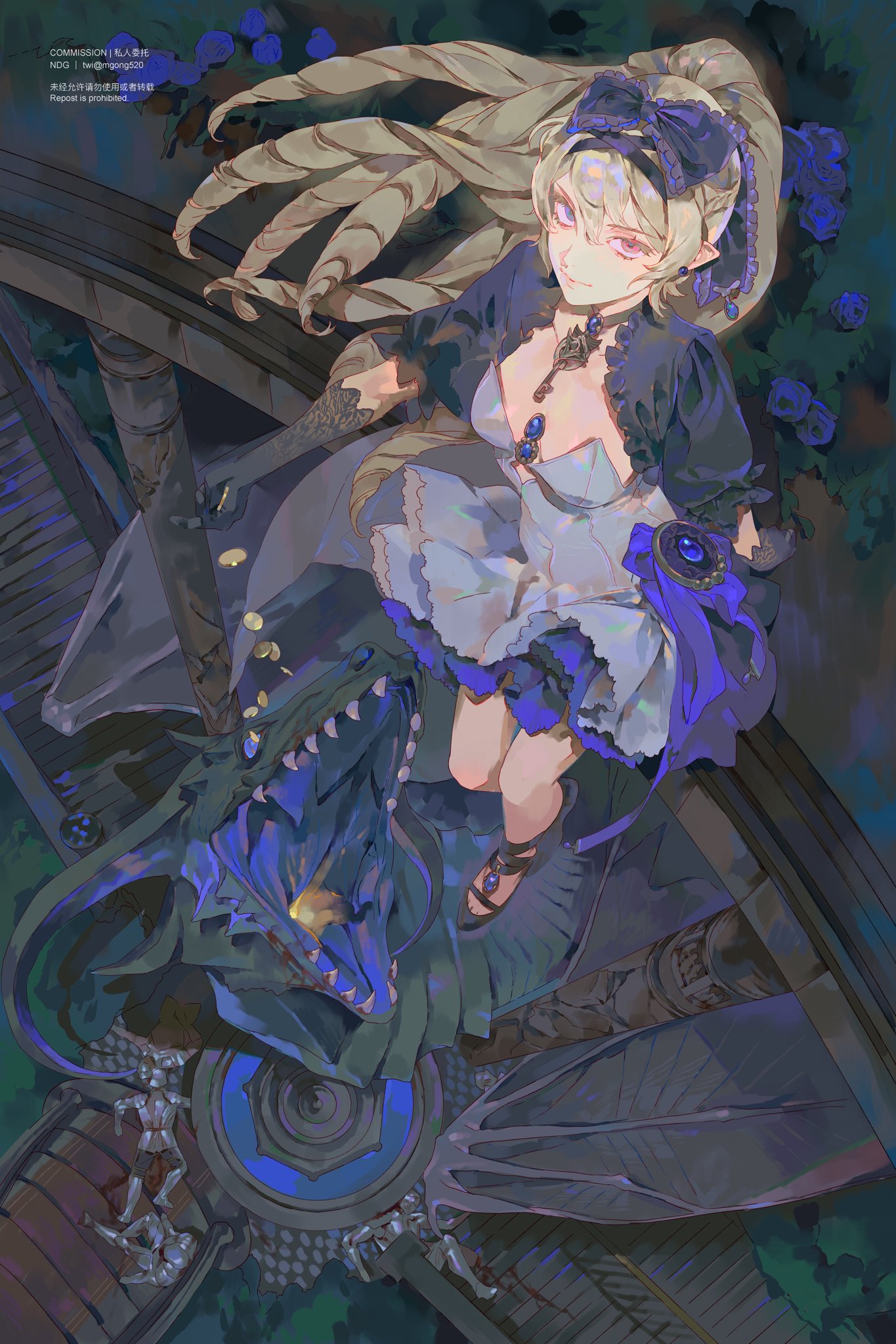 an animestyle illustration depicts a woman with long, flowing blonde hair in a high ponytail, adorned with a blue ribbon. she has pointed elf ears and wears a white dress with blue accents, a black jacket, and blue sandals. she also wears a necklace with a pendant and other jewelry with blue gemstones. she stands atop a large, stylized blue dragon with its mouth open, revealing a glowing yellow light. the background includes blue roses and an ornate, detailed structure with figures beneath, creating a fantasy setting. the artwork is rendered in soft, painterly strokes with a focus on details like the intricate designs and the play of light and shadow.