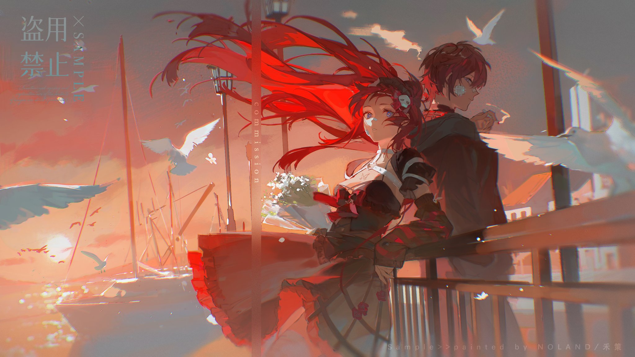 the image showcases a young couple, a man and a woman with vibrant red hair, standing on a pier overlooking a serene ocean at sunset. the woman holds a bouquet of white flowers, while birds soar gracefully in the warm, soft light of the setting sun. the scene evokes a sense of romance, tranquility, and the beauty of a shared moment.