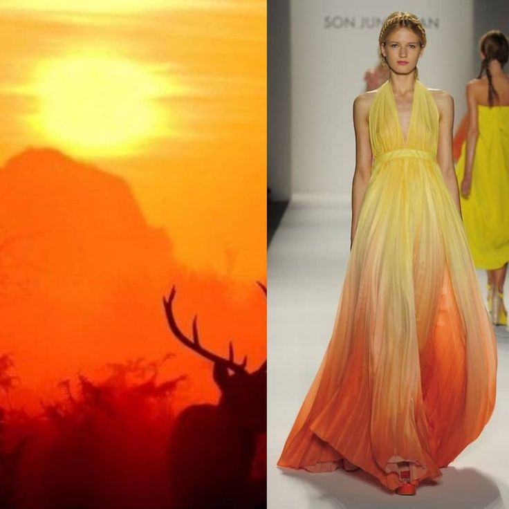 the image is split into two parts. on the left, we see a silhouette of a deer in front of a fiery sunset. on the right, a fashion model walks the runway in a beautiful ombre dress that transitions from yellow to orange, mimicking the colors of the sunset. the dress is flowing and elegant, highlighting the model's beauty and the designer's creativity. the image captures the contrast between nature's grandeur and the artistry of fashion.
