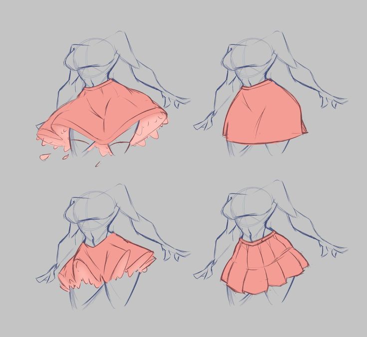 the image shows a drawing of four female figures wearing different styles of skirts. the figures are drawn in a simple style, with just basic outlines and shading. each figure is wearing a different skirt, with the first being a simple aline skirt, the second being a more fitted skirt, the third a pleated skirt, and the last a frilled skirt. the drawing is done in a light and whimsical style. the skirts are all drawn in a pale pink color, which is a soft and feminine choice for the drawing.