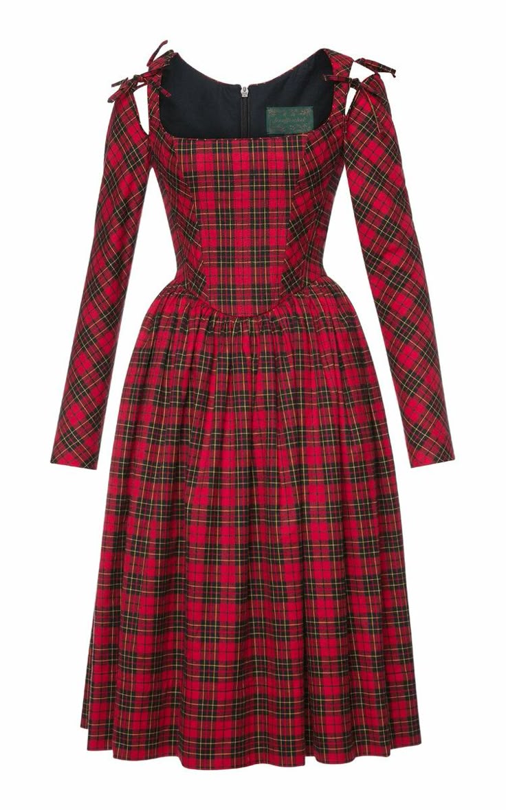 a red tartan dress with long sleeves and a square neckline. the bodice is fitted and the skirt is pleated. there are bows on the shoulders.