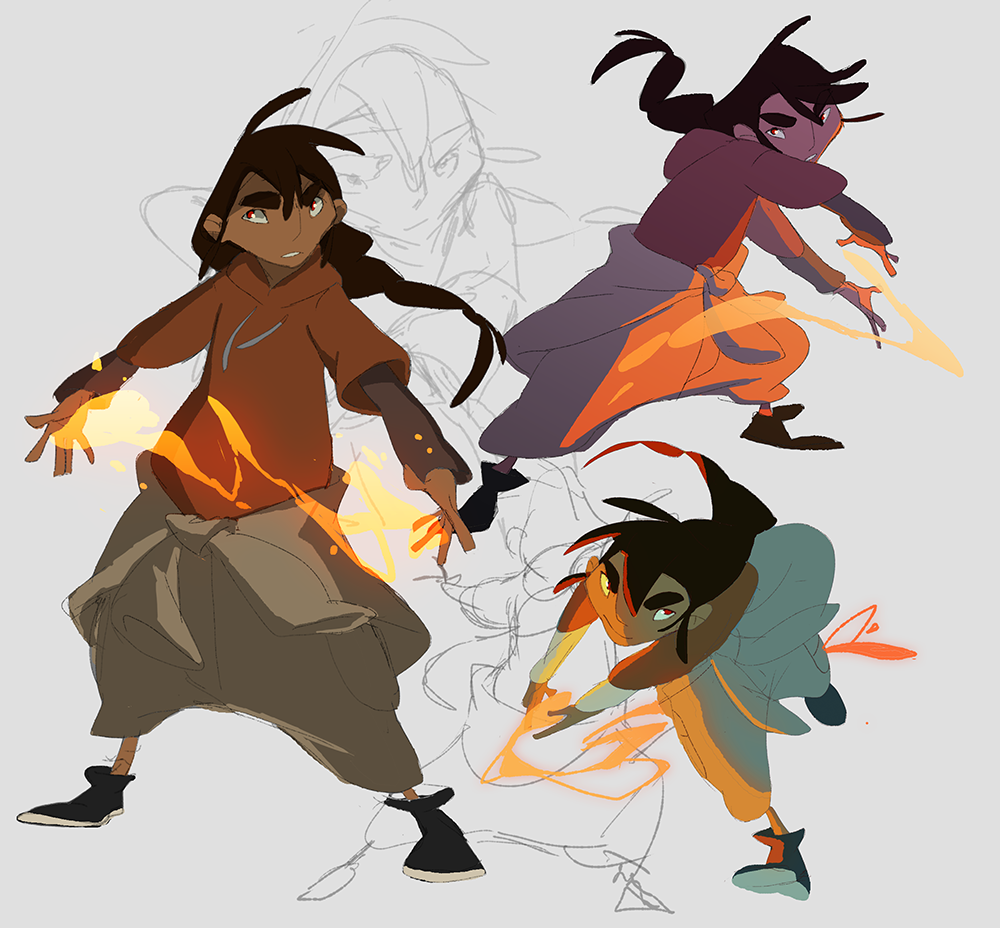 the image depicts three animestyle female characters in dynamic poses. the characters are all wielding elemental powers, with the first character manipulating fire, the second character showcasing water, and the third character using a combination of both fire and water. each character features a unique style, vibrant colors, and expressive features.  the image is created in a digital art style with sketch outlines visible. the overall tone is energetic and captivating, emphasizing the power and uniqueness of these characters.
