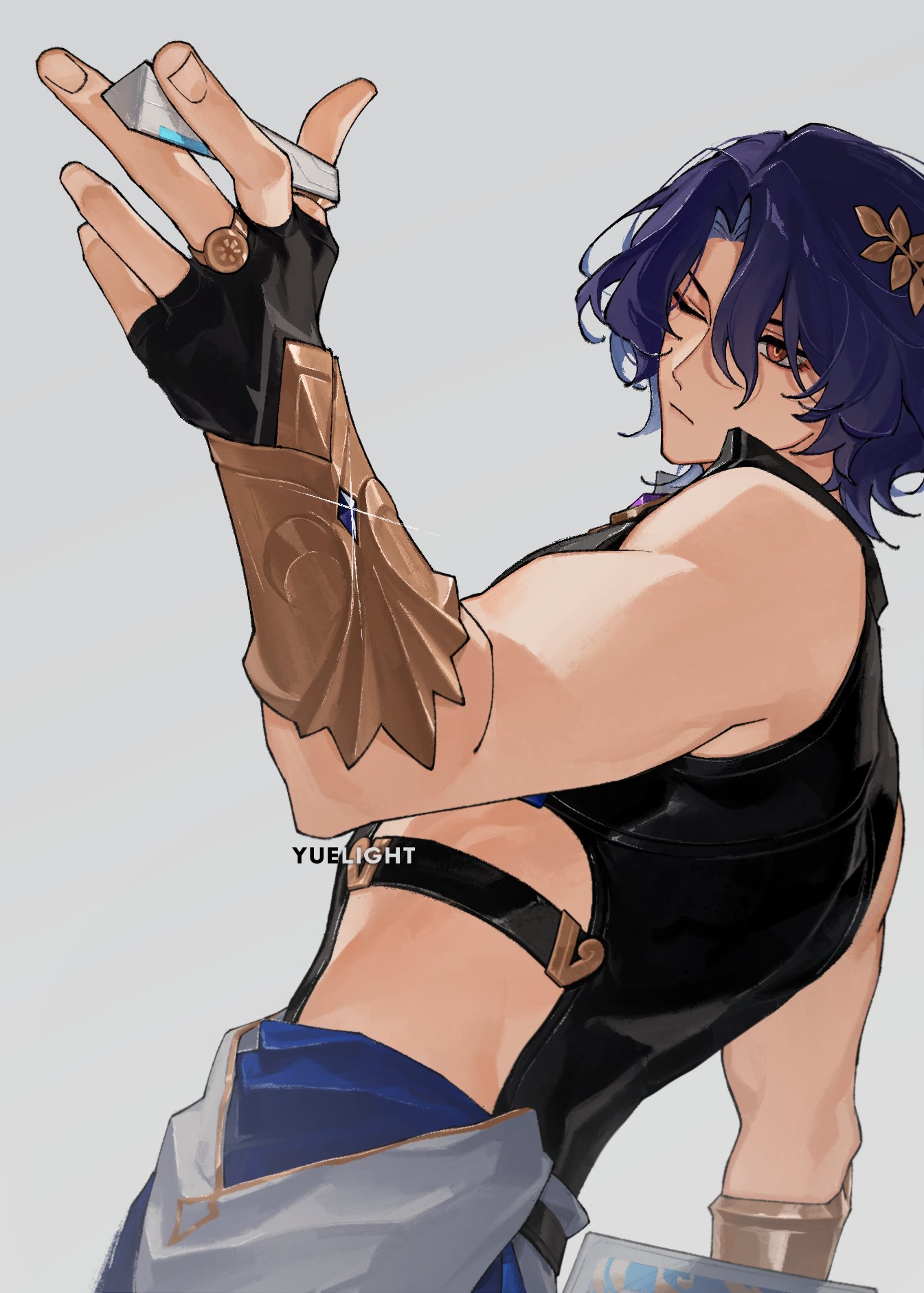 a digital fanart of cyno from genshin impact. he is depicted with his signature blue hair, golden arm guards, and a confident expression. he's holding a small, rectangular object in his hand, which looks like a vision or a similar item.  the art style is detailed and stylized, focusing on anatomy and clothing design. the background is simple and neutral, drawing attention to the character. the overall impression is one of power and confidence.