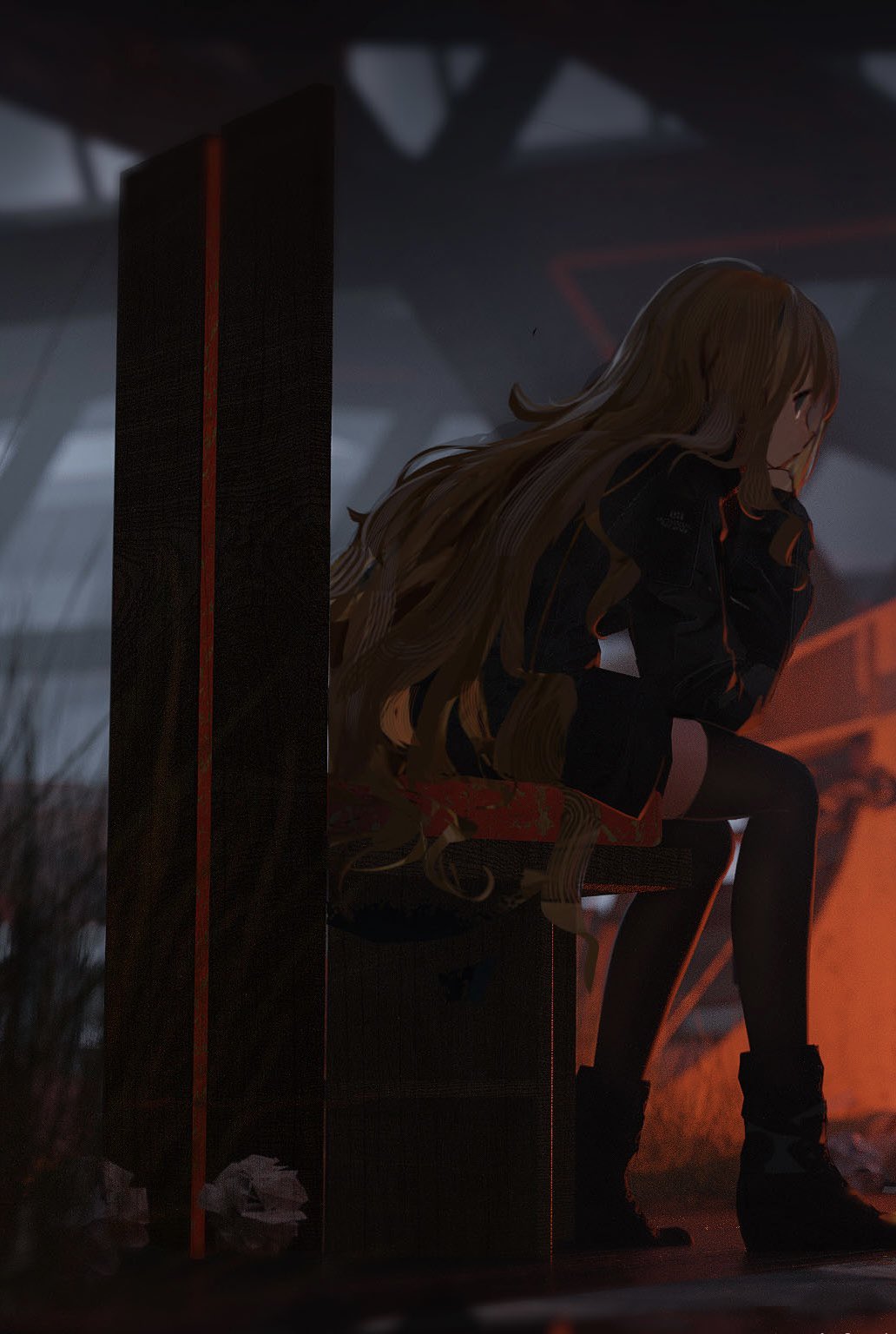 a lone, animestyle female character sits on a chair in a dark, futuristic environment.  she has long blonde hair, is wearing a black outfit and boots. she has a thoughtful, sad expression on her face. the scene is dark and mysterious, with a sense of loneliness and isolation. the background is a blurry mix of concrete and metal, with hints of red and orange lighting.