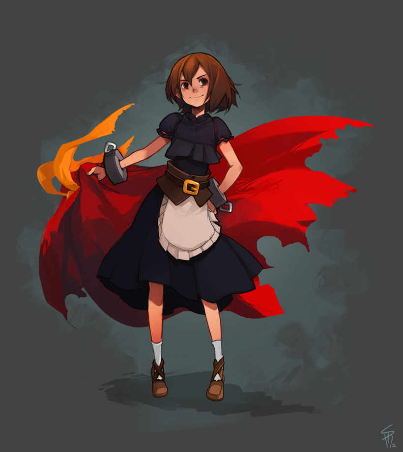 a young girl with short brown hair and brown eyes smiles confidently at the viewer. she wears a black and white dress reminiscent of a maid's outfit with a brown leather belt and buckle. a tattered red cape billows behind her, fastened at her wrists with metal cuffs. she stands against a muted greengrey background, illuminated by soft lighting. the overall style suggests a fantasy or adventure setting, with the girl potentially embodying a warrior or adventurer role.