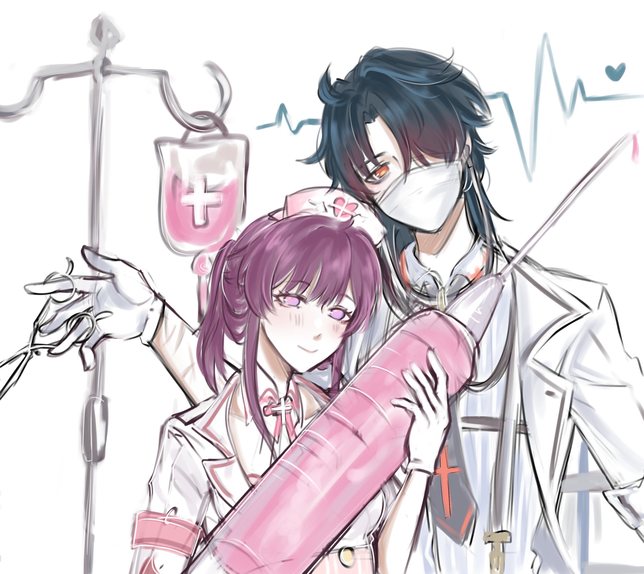 this animestyle illustration shows a young woman and man in a hospital setting. the woman is dressed as a nurse and the man is dressed as a doctor. the woman is holding a large pink syringe, while the man is holding a stethoscope. they are both smiling and appear to be in love. the image is drawn in a soft, pastel style.