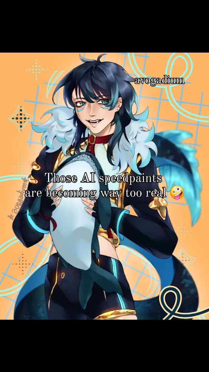 the image is a digital fanart of an animestyle male character. he has long, teal and blue hair, and is wearing elaborate clothing with teal and gold accents. he's smiling playfully while holding a stylized, light blue creature resembling a dolphin or whale.  the art style is vibrant and stylized, with a dynamic pose.  the background features a grid pattern and swirls in oranges and teals, giving it a modern and somewhat abstract feel. a text overlay reads "those ai speedpaints are becoming way too real" accompanied by an emoji, highlighting the realistic quality of the ai generated art.  the artist's watermark/handle is partially visible on the left side.