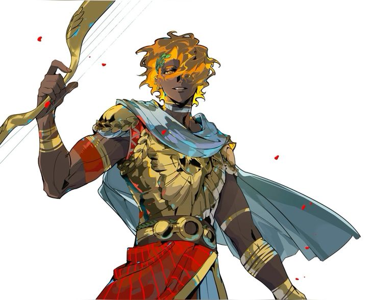 the image is a digital illustration of a darkskinned male character, possibly inspired by ancient greek or roman aesthetics. he has fiery, golden hair, and he's dressed in gold and red armor, a red kiltlike garment, and a flowing light blue cape. he holds a golden lyre, a stringed instrument. his pose is confident and powerful, suggesting a strong or heroic character. the art style is stylized and vibrant with bold colors and dynamic lines. the background is white with a few scattered red droplets.  the overall impression is one of a powerful and possibly mythological figure, potentially evocative of apollo.