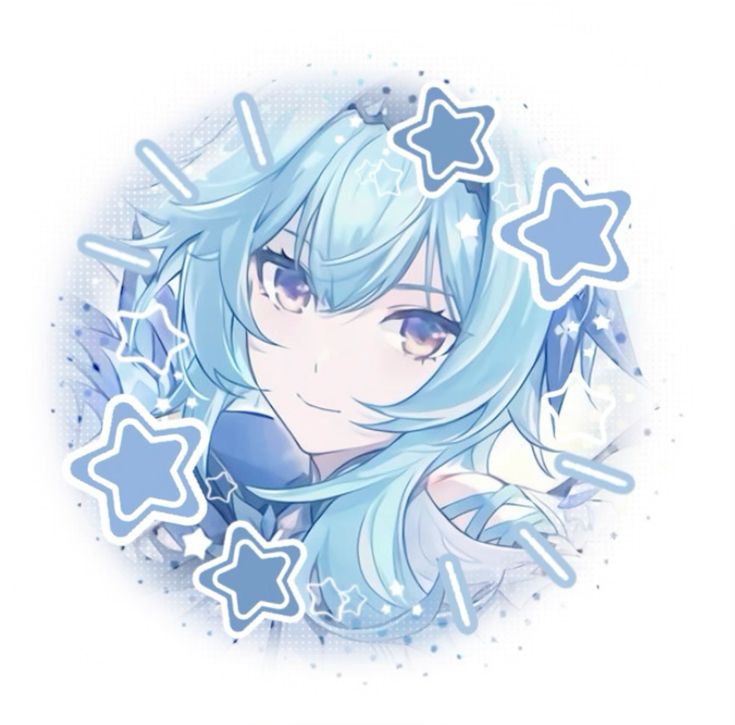 the image showcases a digital illustration featuring a young woman, drawn in an anime style. she possesses striking blue hair and captivating blue eyes. her expression radiates warmth and approachability, hinting at a kind and gentle nature. the background is adorned with stylized, blue stars that enhance the overall aesthetic. the color scheme predominantly utilizes a soft, pastel palette, creating a dreamy and ethereal ambiance. the closeup perspective draws the viewer's attention to the character's facial features, emphasizing her beauty and expressiveness.