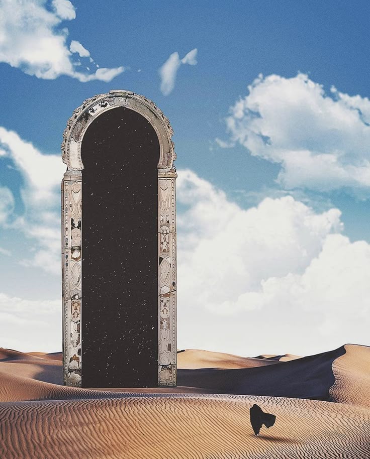 a surreal image shows a tall, ornate archway standing in the middle of a vast desert landscape. the inside of the archway is a black void filled with stars, resembling a portal to space. rolling sand dunes stretch across the foreground and middle ground. a figure, appearing to be a person, is walking on the sand towards the archway. the sky above is blue with puffy white clouds. the image has a dreamlike and fantasy feel.