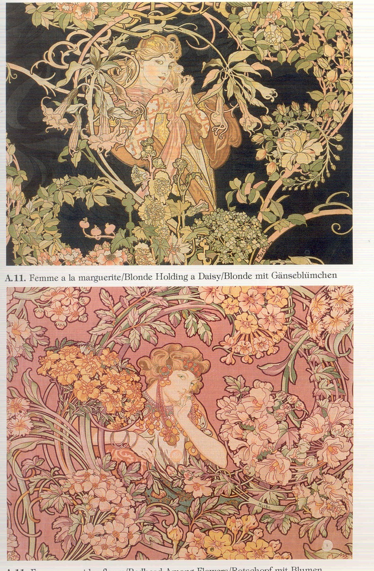 the image presents two sections of art nouveau textile designs by alphonse mucha. the top section shows a blonde woman amidst a dark background of stylized flowers and foliage, notably holding what appears to be a daisy. the bottom section features a similar aesthetic, but in softer pink tones with a different arrangement of floral motifs surrounding another blonde woman.  both designs showcase mucha's signature style: elegant female figures gracefully integrated within intricate floral patterns, exhibiting a flowing, sinuous line characteristic of the art nouveau movement. the image displays both sections sidebyside, possibly from a catalogue or book documenting mucha's work, and includes german and french titles beneath the images.