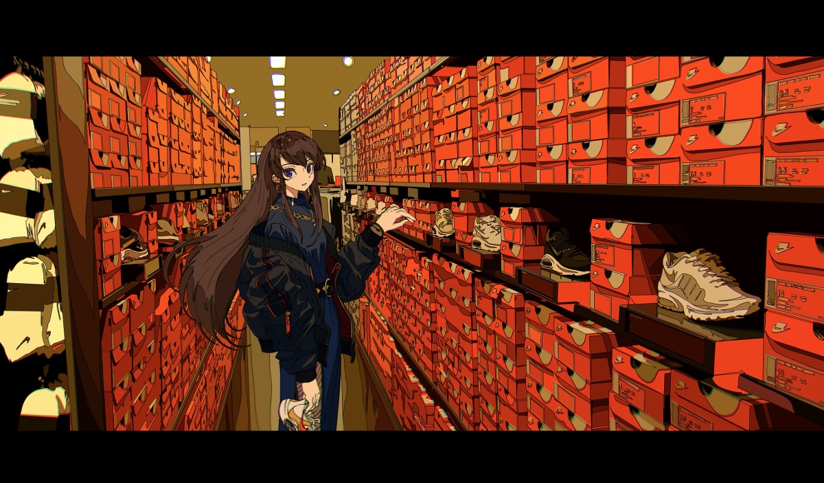 the image is a vibrant digital illustration depicting an animestyle girl with long brown hair standing in a shoe store aisle. the aisle is densely packed with rows of orange nike shoe boxes stacked high.  the girl is dressed in streetwearinspired clothing – a dark jacket and pants – and appears to be browsing or selecting a pair of shoes. the overall style is bright and saturated, with a focus on the contrast between the girl and the sea of orange boxes.  the scene feels bustling and exciting, capturing the energy of a busy shoe store. the art style blends elements of manga and digital painting techniques, creating a unique visual appeal.