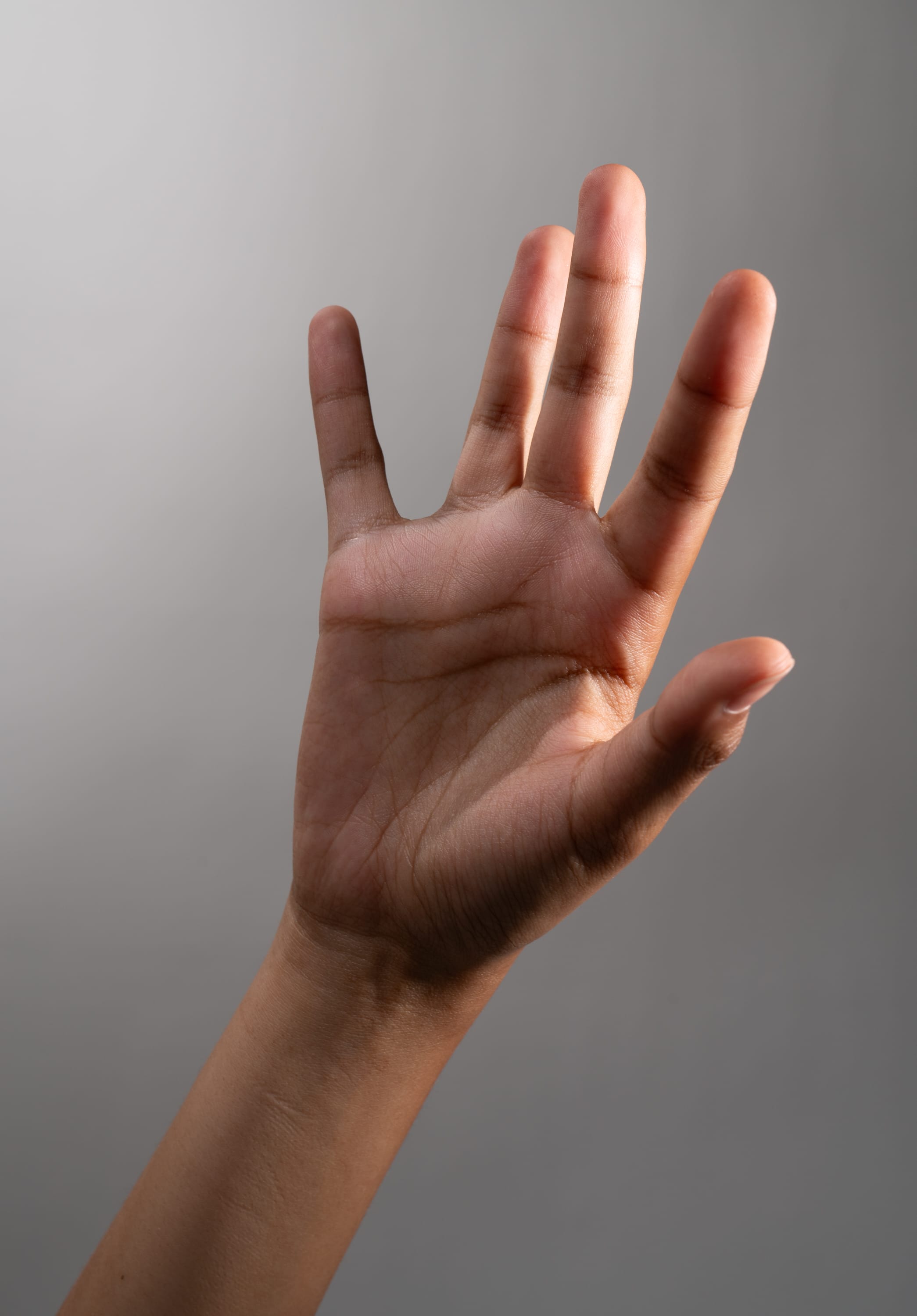 a single hand is extended, palm facing the viewer, with fingers spread slightly apart. the hand is illuminated by studio lighting, creating a soft shadow behind it against a plain gray backdrop. the image focuses on the details of the hand's lines, texture, and skin tone, emphasizing its form and potential for nonverbal communication.