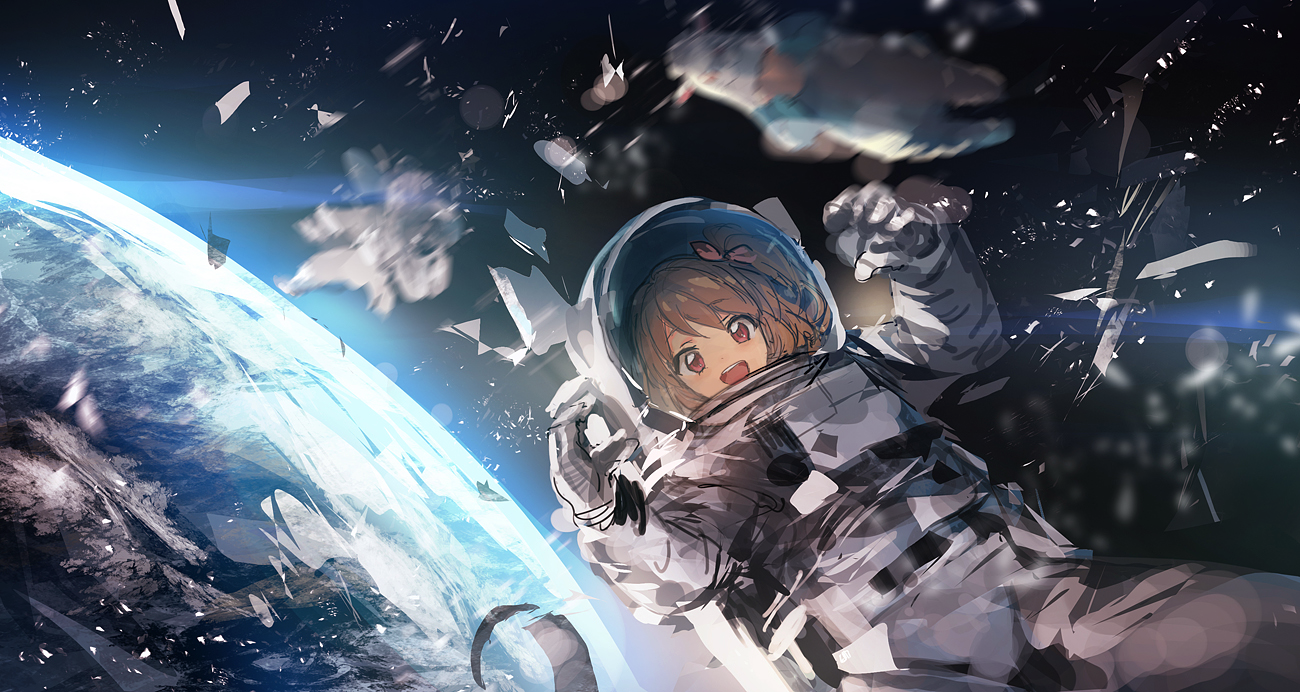 the image is a dynamic digital painting of an animestyle girl astronaut floating in space.  she's wearing a damaged spacesuit, surrounded by debris and against the backdrop of earth. her expression is one of surprised excitement. the style is painterly and expressive, with a focus on motion and energy.  the overall mood is adventurous and slightly dramatic.