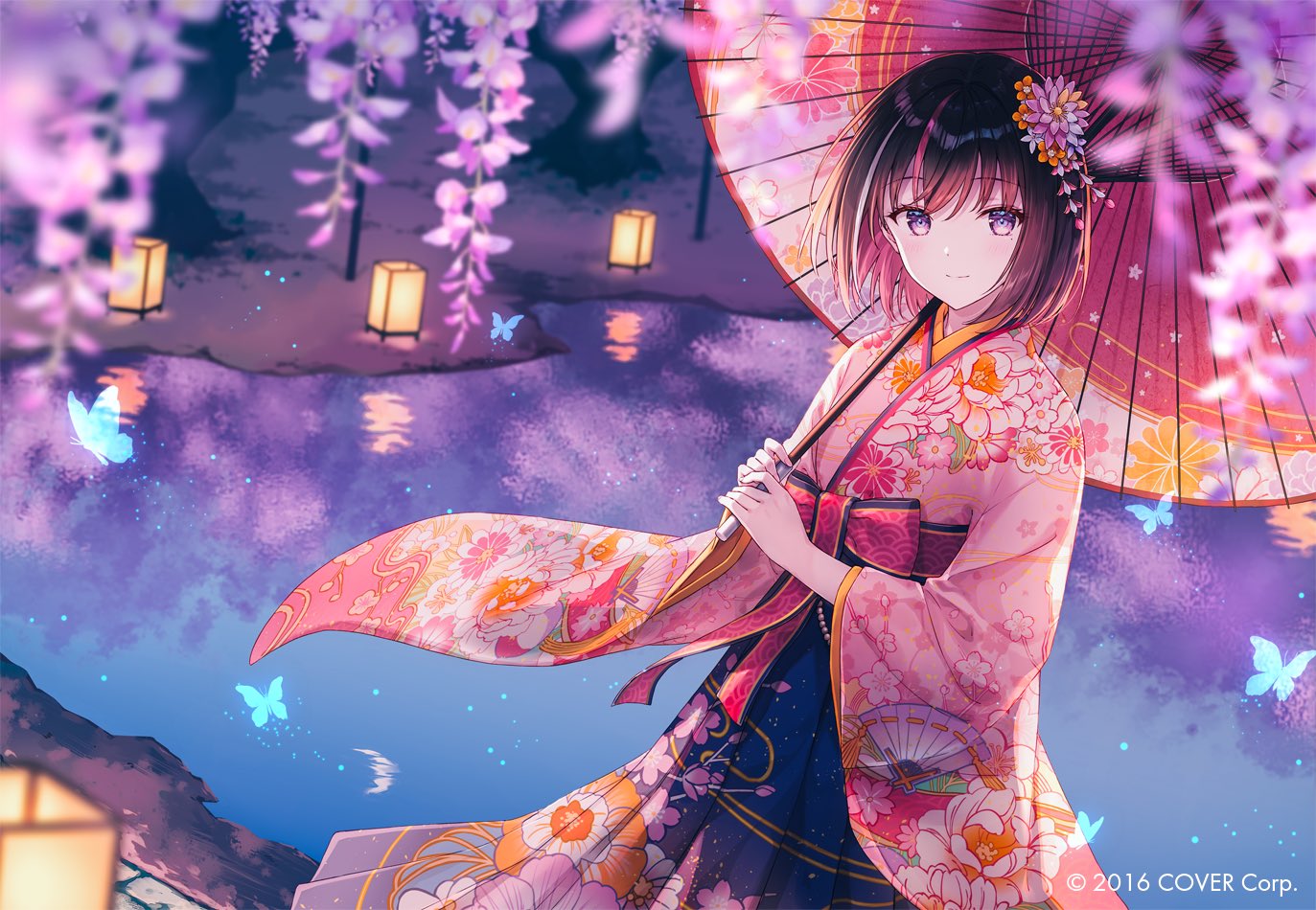 he image is a digital illustration of an anime girl wearing a beautiful pink and floral kimono. she is holding a traditional japanese umbrella and standing near a pond at night, surrounded by wisteria flowers and lanterns.  butterflies flutter around her. the overall aesthetic is peaceful, romantic, and fantastical. the colors are soft and dreamy, predominantly pink and purple, with touches of blue and gold. the girl's expression is calm and gentle. the style is reminiscent of anime and digital painting, with a strong emphasis on detail and atmosphere.