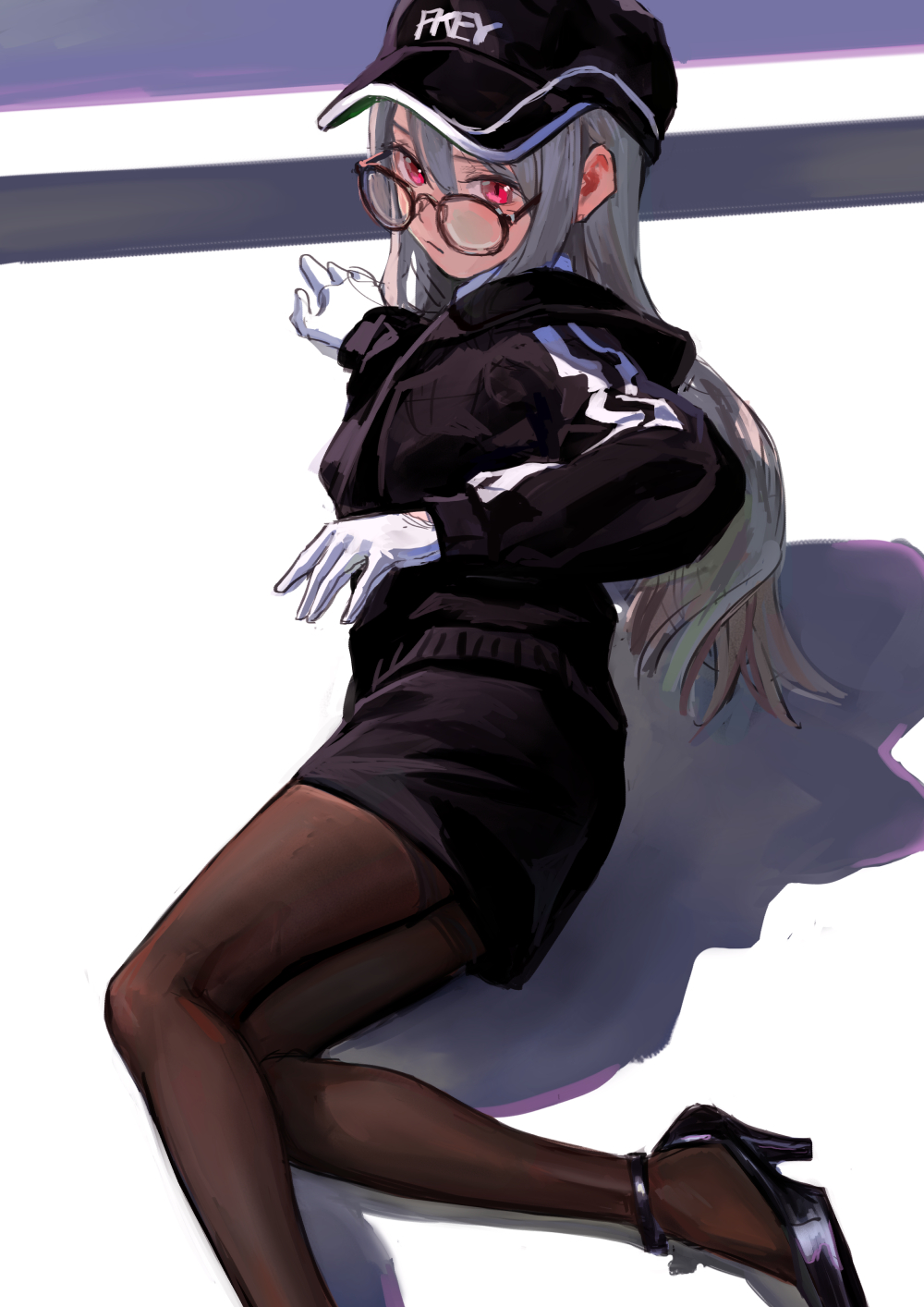 an anime girl with long gray hair wearing a black hat, glasses, a black sweatshirt, a short black dress, black tights, and black high heel shoes is posing with her hands up.