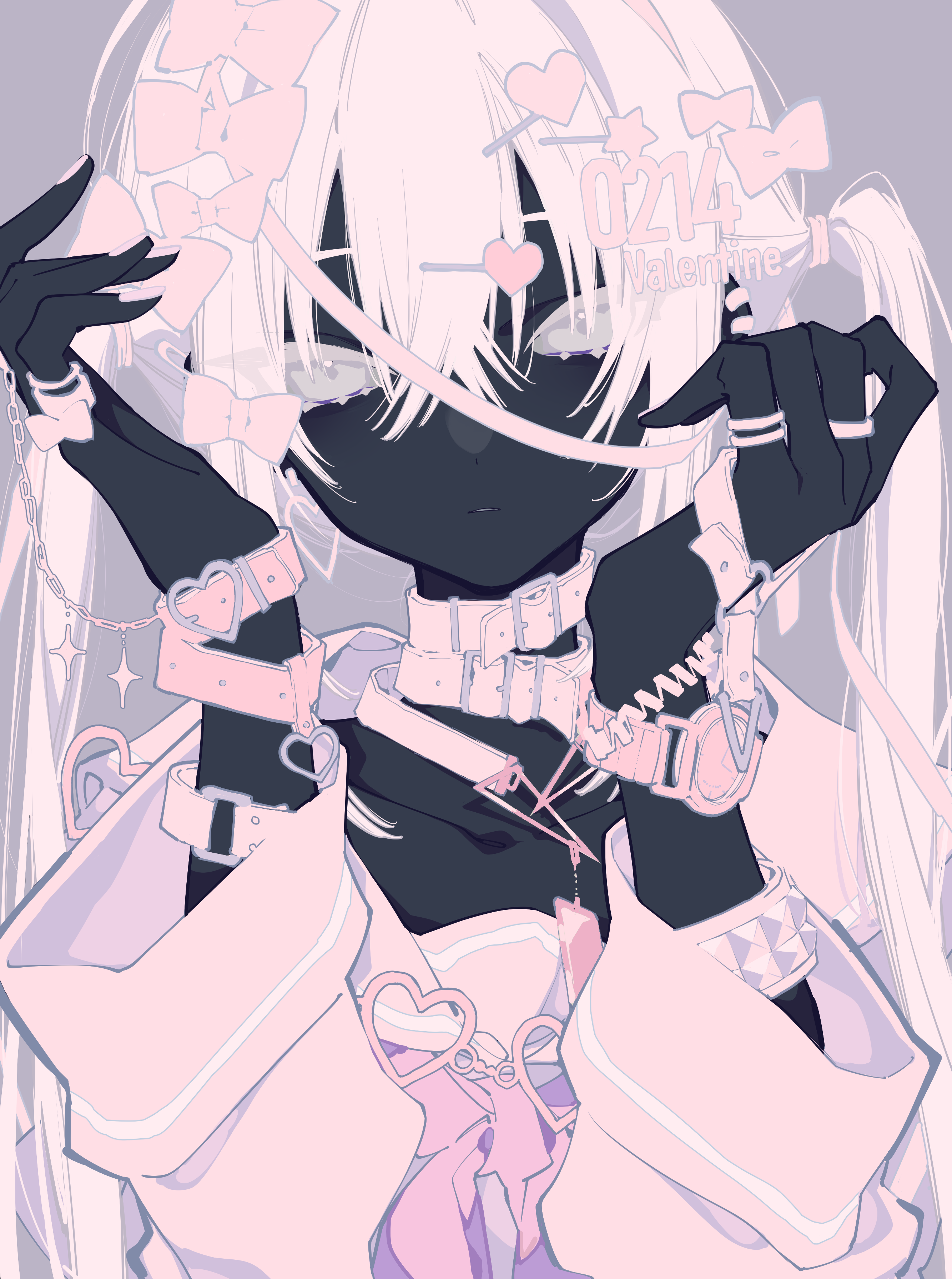 an animestyle drawing depicts a darkskinned girl with white hair styled in twin tails. her hair is adorned with bows and heartshaped accessories. she wears several pink and white belts, collars, and wristbands with buckles and pendants. chains and handcuffs are also present. she has multiple rings on her fingers and is holding a thin pink strap. the color palette consists of pastel pink, white, lavender, and grey. the words "0214" and "valentine" are visible above her head.