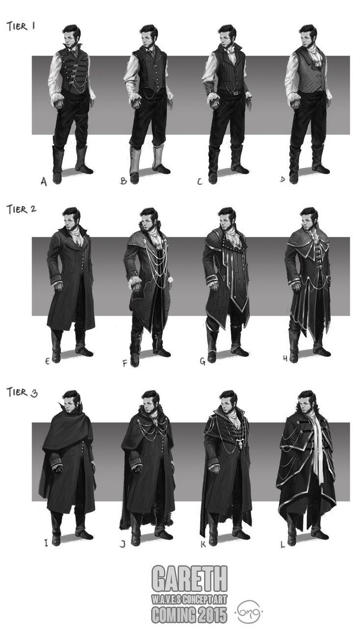 this image shows a series of character design sketches for a game or project called "gareth  waves," slated for release in 2015.  the sketches are organized into three tiers (tier 1, tier 2, tier 3), each showcasing variations on male characters in formal and somewhat steampunk/victorianinspired attire.  the sketches are in grayscale, providing a clear view of the different clothing styles and silhouettes. each character is labeled with a letter (al). the art style is clean and detailed, highlighting the clothing's textures and shapes.