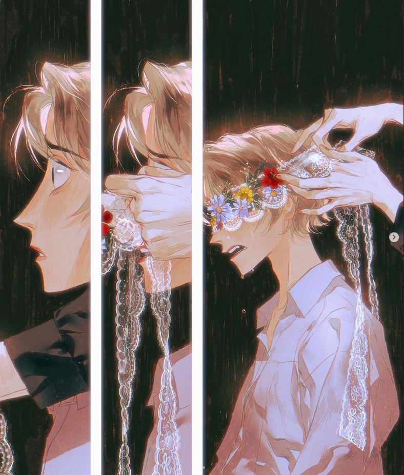 the image shows a young anime boy with a flower crown and white lace covering his eyes, with tears streaming down his face. he appears to be in great emotional pain. the overall tone of the image is sad and melancholic. the image's color palette is dominated by soft pastel tones, creating a dreamy and ethereal feel.