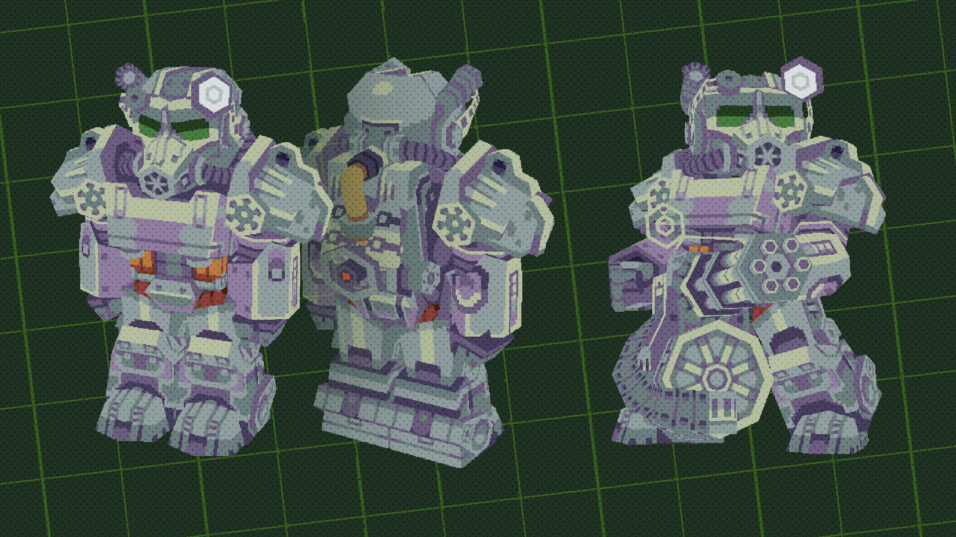 this is a pixel art piece showing three angles of a mech concept. the mech is primarily grey and purple and carrying a large gun.