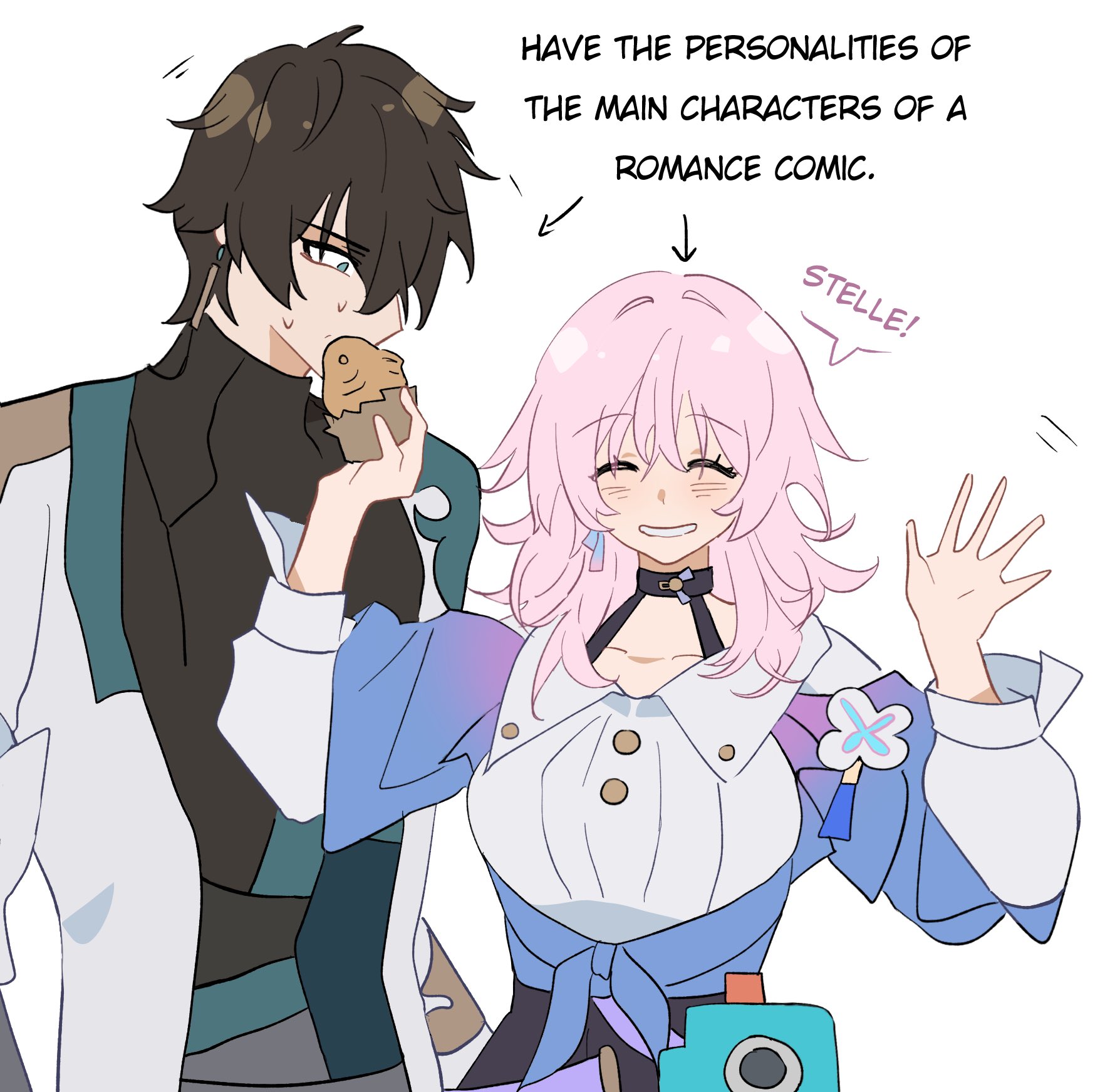 this is a digital art piece that features two anime characters. the male character is on the left, and the female character is on the right. they are both smiling and appear to be happy. they have the personalities of the main characters of a romance comic.