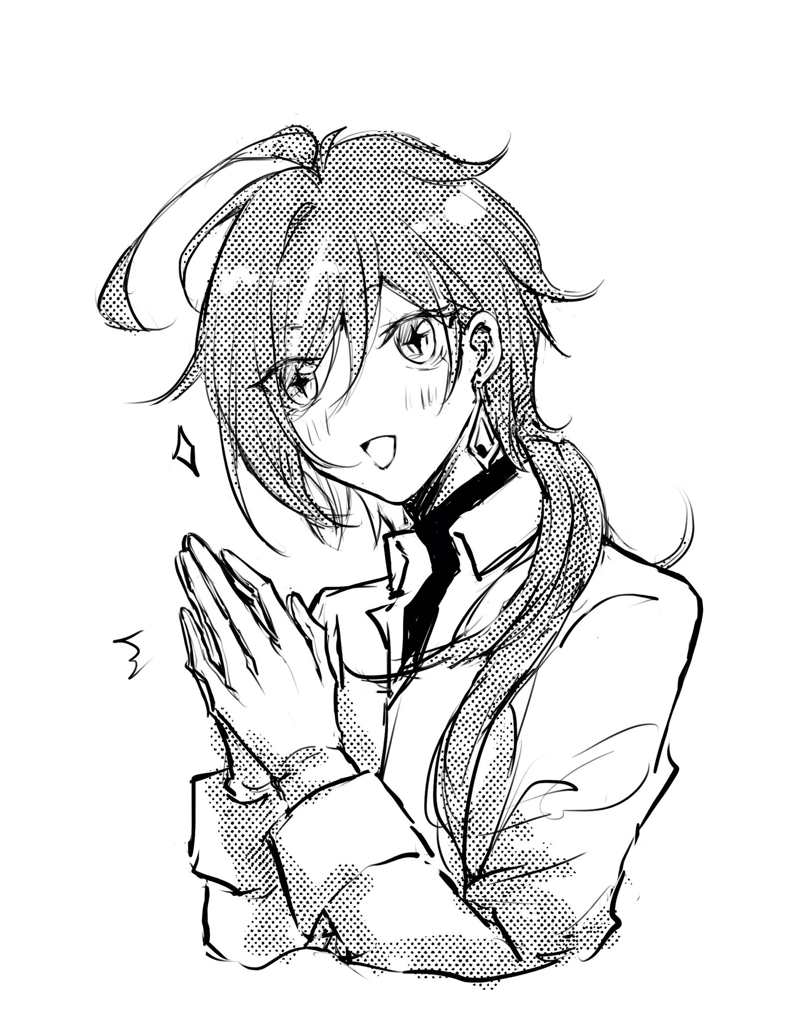 a black and white drawing of an anime girl with long hair, smiling with her hands together. the drawing has a background of white, with black outlines. she is wearing a buttoned up shirt with a collar, and her hair is covering the left side of her face. she is looking to the right of the image.