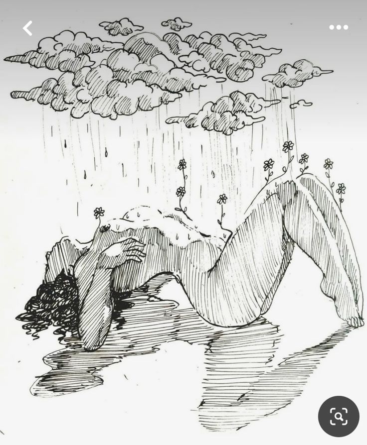 the image is a pen and ink drawing depicting a nude female figure reclining on the ground.  rain falls from dark, heavily textured clouds above her. flowers are sprouting from the earth around her body. the figure appears melancholic or vulnerable, her posture suggesting sadness or contemplation. the ground beneath her reflects her form in a puddle of water. the overall style is expressive and somewhat surreal, using a combination of hatching and crosshatching to create texture and shading. the contrast between the harshness of the storm and the delicate flowers adds to the emotional complexity of the artwork.