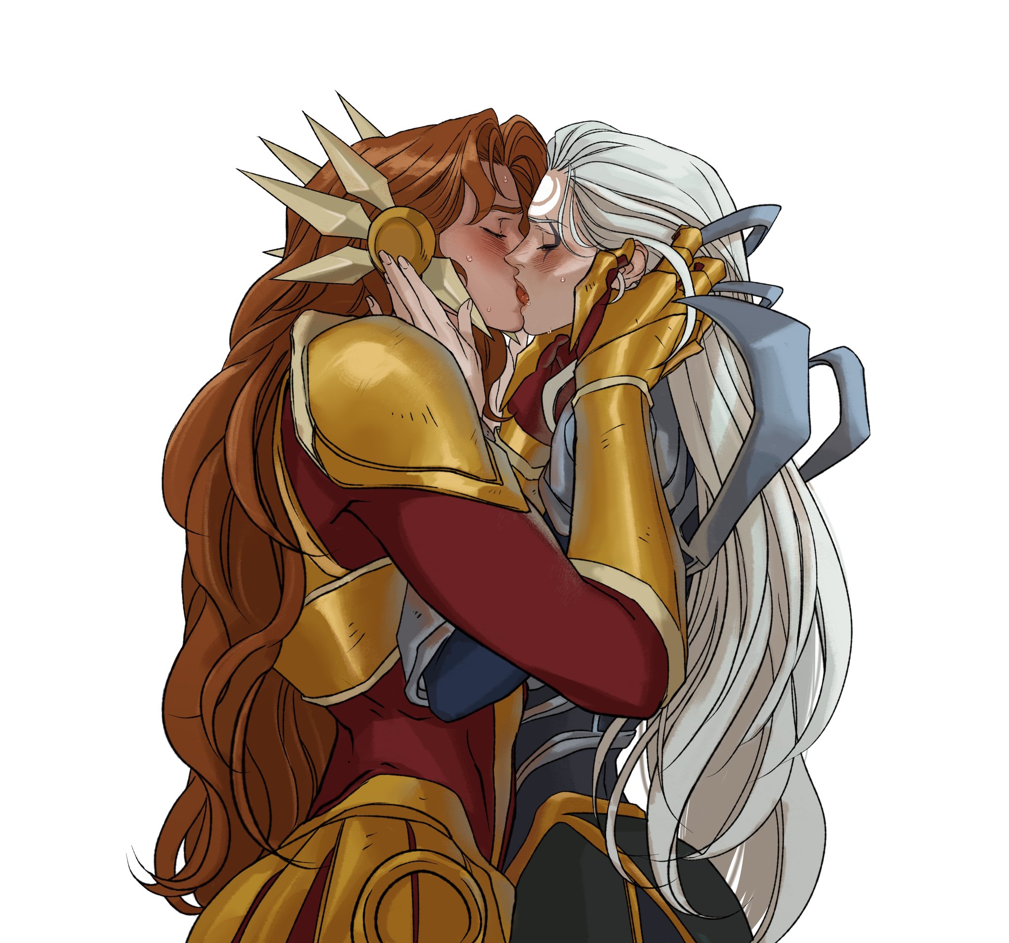 an illustration of two women in armor kissing. one has long red hair and the other has long white hair. they are both wearing armor with gold accents.