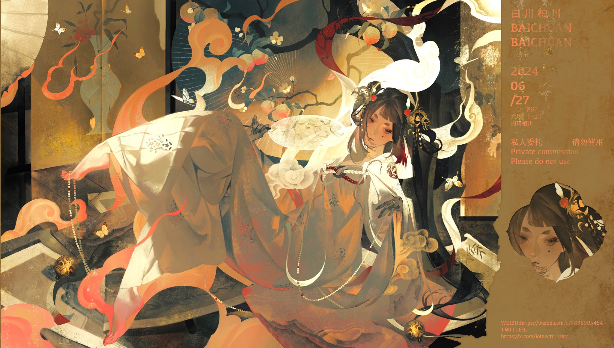 an illustration of a young asian woman in a beautiful, flowing gown with long, dark hair. she holds a fan and is surrounded by delicate flowers, butterflies, and other elegant decorations. the piece is highly stylized, with soft colors and a dreamy atmosphere.