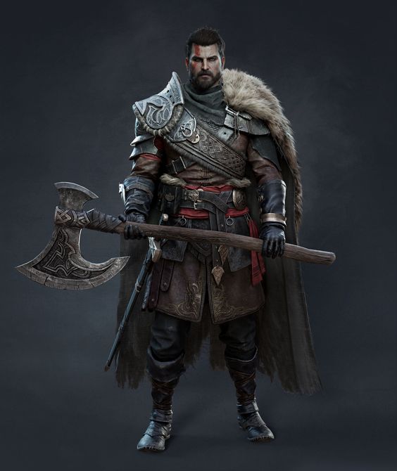 a digitally rendered image of a fierce warrior, likely a viking or barbarian, stands poised against a dark gray backdrop. he is clad in intricately detailed armor, composed of metal plating, leather straps, and a furlined cape. a doubleheaded axe rests firmly in his gloved hands. his expression is stoic and determined, hinting at his readiness for battle.  the lighting is studiolike, evenly illuminating the character and highlighting the textures of his attire and weaponry.